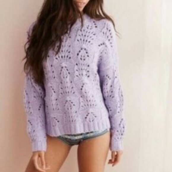 Aerie Chunky Knit Pointelle Crochet Oversized Sweater Size XS - Picture 2 of 10